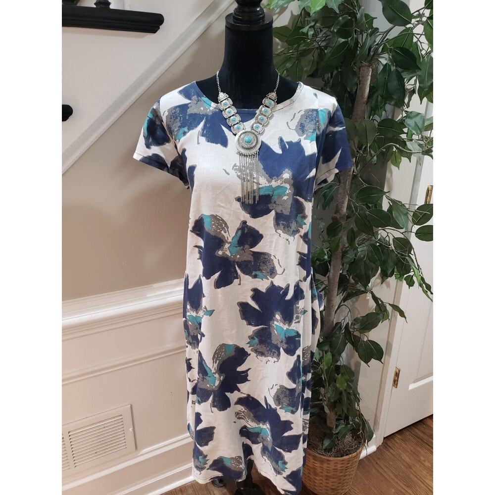P. Luca Milano Womens White Floral Round Neck Short Sleeve Knee Length Dress O/S